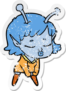 Bir insan tarafından çizilmiş sevimli bir uzaylı kız çizgi filminin sıkıntılı çıkartması.