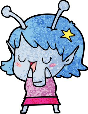 Bir insan tarafından çizilmiş mutlu uzaylı kız çizgi filmi.