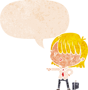 Bir insan tarafından çizilmiş, grunge 'da konuşma balonu olan karikatür etkin iş kadını.