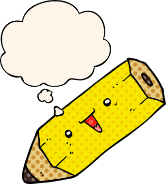 Çizgi roman tarzında bir insan tarafından çizilmiş düşünce baloncuğu olan sevimli bir çizgi roman kalemi.