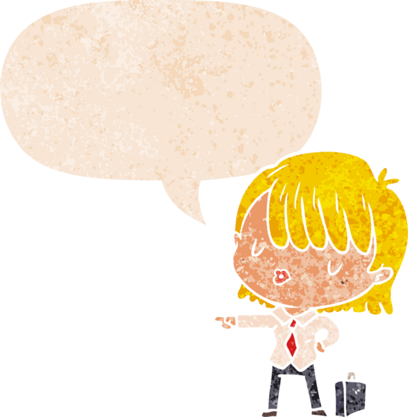 Bir insan tarafından çizilmiş, grunge 'da konuşma balonu olan karikatür etkin iş kadını.