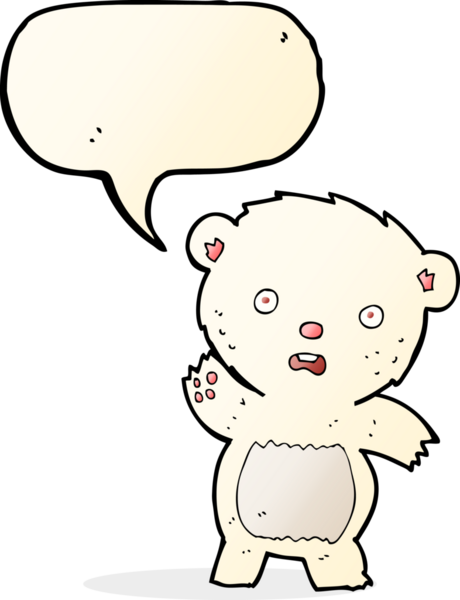 Bir insan tarafından çizilmiş konuşma balonlu kutup ayısı yavrusunu sallayan çizgi film.