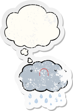 Düşünce baloncuğu olan sevimli çizgi film bulutu bir insan tarafından çizilmiş yıpranmış bir çıkartma gibi.