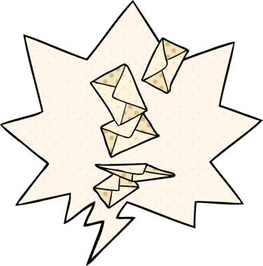 Bir insan tarafından çizilmiş çizgi roman tarzında konuşma baloncuğuyla düşen karikatür zarfları