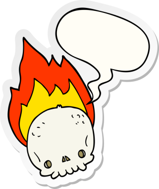 Bir insan tarafından çizilmiş konuşma kabarcığı çıkartmalı, alevli bir kafatası.