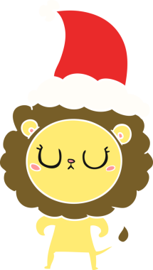 Bir insan tarafından çizilmiş Noel Baba şapkası takan bir aslanın düz renkli çizimi.