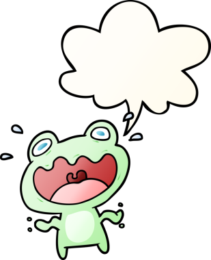Bir insan tarafından çizilmiş yumuşak eğimli konuşma baloncuğundan korkan sevimli çizgi film kurbağası.