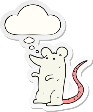 Düşünce baloncuklu çizgi film faresi insan tarafından çizilmiş bir çıkartma.