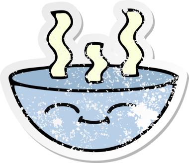 Bir insan tarafından çizilmiş sıcak çorba kasesinin hüzünlü çıkartması.