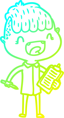 Bir çizgi film karakteri çizen soğuk gradyalı mutlu çocuk bir insan tarafından çizilmiş.