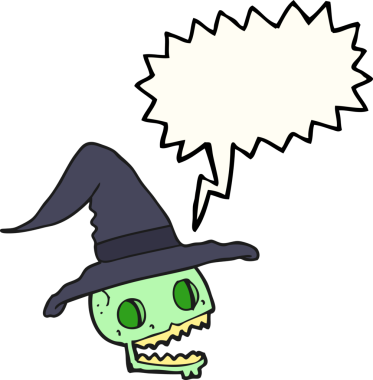 Bir insan tarafından çizilmiş serbest konuşma balonu karikatürü kafatası cadı şapkası takıyor.