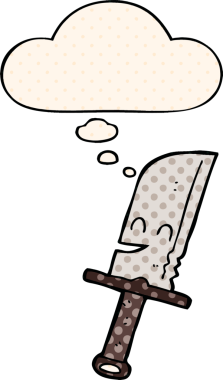 Bir insan tarafından çizilmiş, düşünce baloncuklu çizgi film bıçağı.