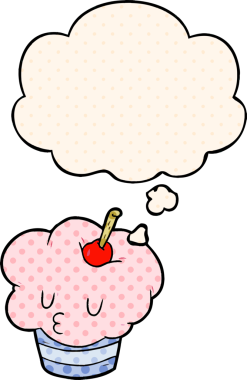 Bir insan tarafından çizilmiş, düşünce baloncuklu çizgi roman tarzı kek.