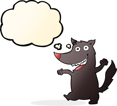 Bir insan tarafından çizilmiş düşünce balonlu mutlu kurt çizgi filmi.