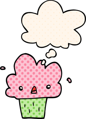 Bir insan tarafından çizilmiş, düşünce baloncuklu çizgi roman tarzı kek.