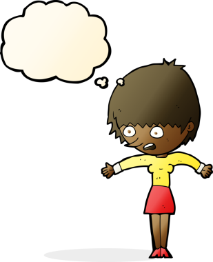 Bir insan tarafından çizilen düşünce baloncuğuyla panikleyen çizgi film kadını.