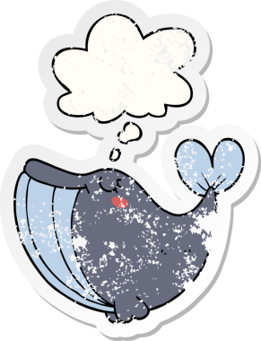 Düşünce baloncuğu olan karikatür balinası bir insan tarafından çizilmiş yıpranmış bir çıkartma.