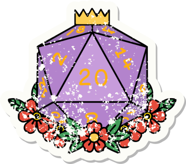 Bir insan tarafından çizilmiş çiçek elementleriyle 20 D20 zarının grunge sticker 'ı.