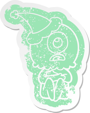 Bir insan tarafından çizilmiş Noel Baba şapkası giyen uzaylı bir Tepegöz 'ün garip bir karikatürü.