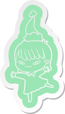 Bir insan tarafından çizilmiş Noel Baba şapkası giyen bir kadının garip çizgi film etiketi.