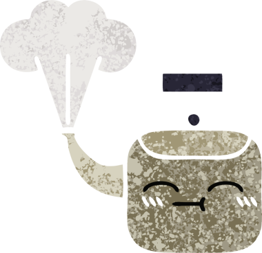 Bir insan tarafından çizilen dumanı tüten bir çaydanlığın retro çizim tarzı karikatürü