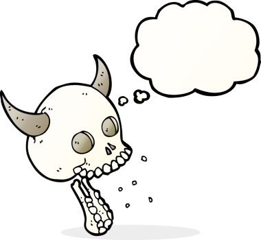 Bir insan tarafından çizilmiş düşünce baloncuklu garip kafatası.