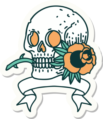 Bir insan tarafından çizilmiş kafatası ve gül şeklinde dövme stili.