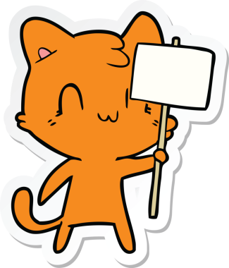 Bir insan tarafından çizilmiş boş tabelalı mutlu bir kedinin çıkartması.