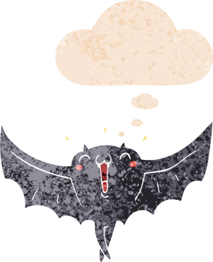 Düşünce baloncuklu çizgi film mutlu vampir yarasa grunge sıkıntılı retro tarzı bir insan tarafından çizilmiş