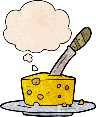 Bir insan tarafından çizilmiş grunge desenli düşünce baloncuklu çizgi film peyniri.