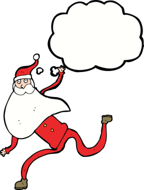 Bir insan tarafından çizilmiş düşünce baloncuğu ile Noel Baba 'yı çalıştıran çizgi film