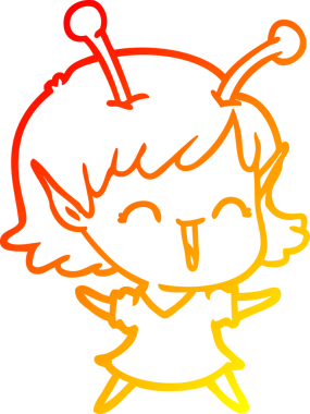 Bir insan tarafından çizilen gülen uzaylı bir kızın sıcak çizgi çizimi.