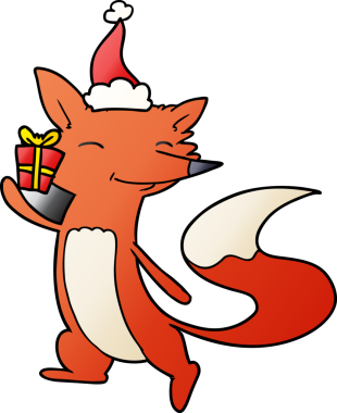 Bir insan tarafından çizilmiş Noel Baba şapkası giymiş mutlu bir tilkinin el çizimi karikatürü.