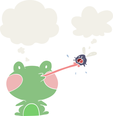 Bir insan tarafından çizilmiş düşünce baloncuğuyla sineği yakalayan kurbağa.