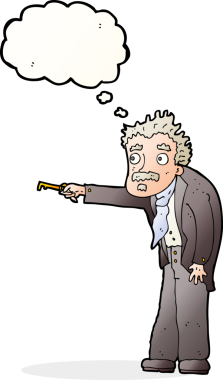 Bir insan tarafından çizilmiş düşünce baloncuğuyla anahtarla titreyen çizgi film adamı.