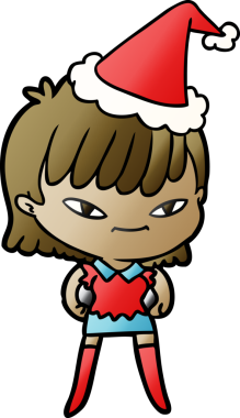 Bir insan tarafından çizilmiş Noel Baba şapkası giymiş bir kadının el çizimi karikatürü.