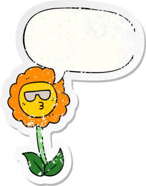 Konuşma baloncuğu olan karikatür çiçeği bir insan tarafından çizilmiş sıkıntılı eski bir çıkartma