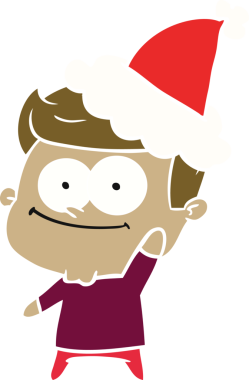 Bir insan tarafından çizilmiş Noel Baba şapkası takan mutlu bir adamın düz renkli çizimi.