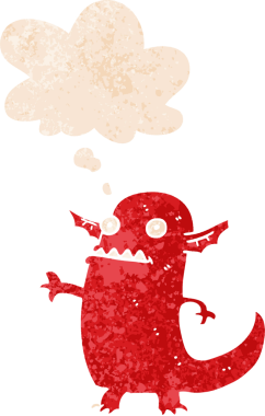 Karikatür cadılar bayramı canavarı. Grunge 'da düşünce baloncuğu var. İnsan tarafından çizilmiş derili eski tarz.