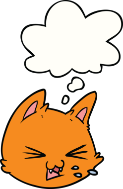 Bir insan tarafından çizilmiş düşünce baloncuğu ile çizgi film kedi suratı tükürüyor.