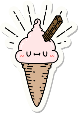 Bir insan tarafından çizilmiş dövme stili dondurma karakterinin çıkartması.