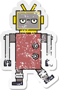 Bir insan tarafından çizilmiş sevimli bir robot çizgi film çıkartması.