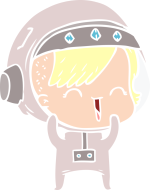 Düz renkli çizgi film. Gülen astronot kız bir insan tarafından çizilmiş.