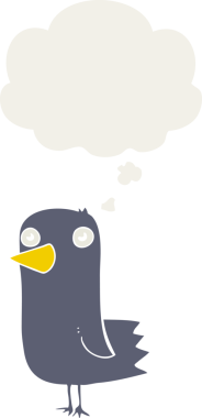 Düşünce baloncuğu olan çizgi film kuşu insan tarafından çizilmiş.