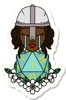 Ağlayan bir insan dövüşçüsünün çıkartması. Bir insan tarafından çizilmiş doğal bir D20 rulosu.