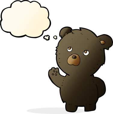 Bir insan tarafından çizilmiş düşünce balonlu siyah ayı sallayan çizgi film.