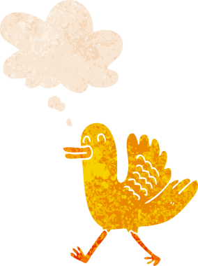 Düşünce baloncuğu ve grunge ile çizgi film ördeği bir insan tarafından çizilmiş sıkıntılı retro tarzı