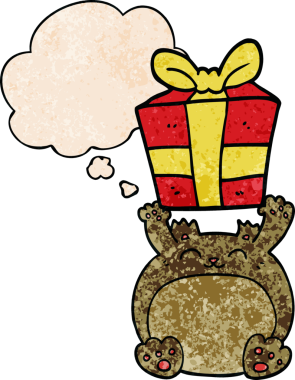 Bir insan tarafından çizilmiş grunge desenli düşünce baloncuğu olan şirin çizgi film noel ayısı.