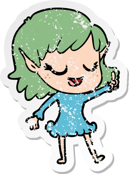 Bir insan tarafından çizilmiş mutlu bir elf kızının sıkıntılı çıkartması.