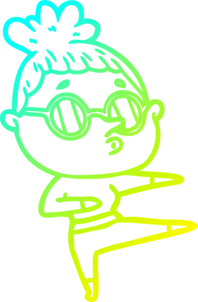 Bir insan tarafından çizilmiş gözlük takan çizgi film kadını çizimi.